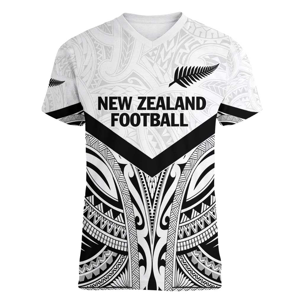 New Zealand Football Custom Women V-Neck T-Shirt All White Fern Go Champions LT9 Female White - Polynesian Pride