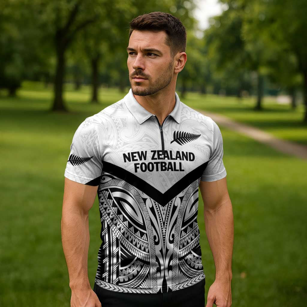 New Zealand Football Custom Zipper Polo Shirt All White Fern Go Champions LT9 - Polynesian Pride