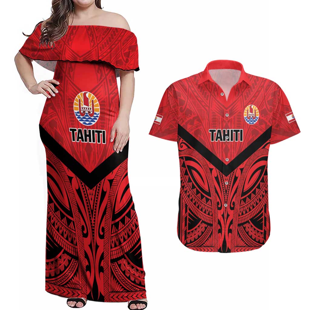 Tahiti Football Custom Couples Matching Off Shoulder Maxi Dress and Hawaiian Shirt Toa Aito Go Champions LT9 Red - Polynesian Pride