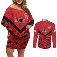 Tahiti Football Custom Couples Matching Off Shoulder Short Dress and Long Sleeve Button Shirt Toa Aito Go Champions LT9 Red - Polynesian Pride