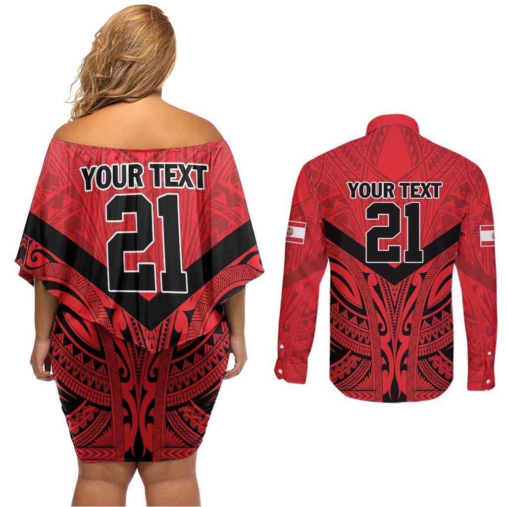 Tahiti Football Custom Couples Matching Off Shoulder Short Dress and Long Sleeve Button Shirt Toa Aito Go Champions LT9 - Polynesian Pride