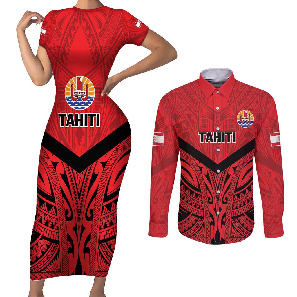 Tahiti Football Custom Couples Matching Short Sleeve Bodycon Dress and Long Sleeve Button Shirt Toa Aito Go Champions LT9 Red - Polynesian Pride
