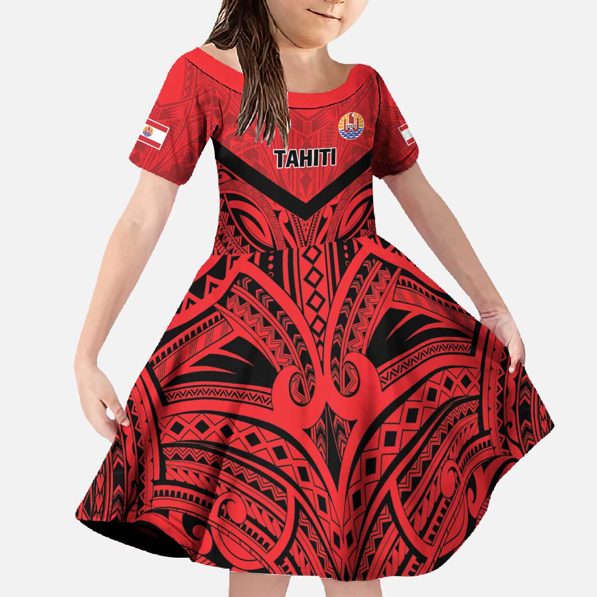 Tahiti Football Custom Family Matching Off The Shoulder Long Sleeve Dress and Hawaiian Shirt Toa Aito Go Champions LT9 Daughter's Dress Red - Polynesian Pride