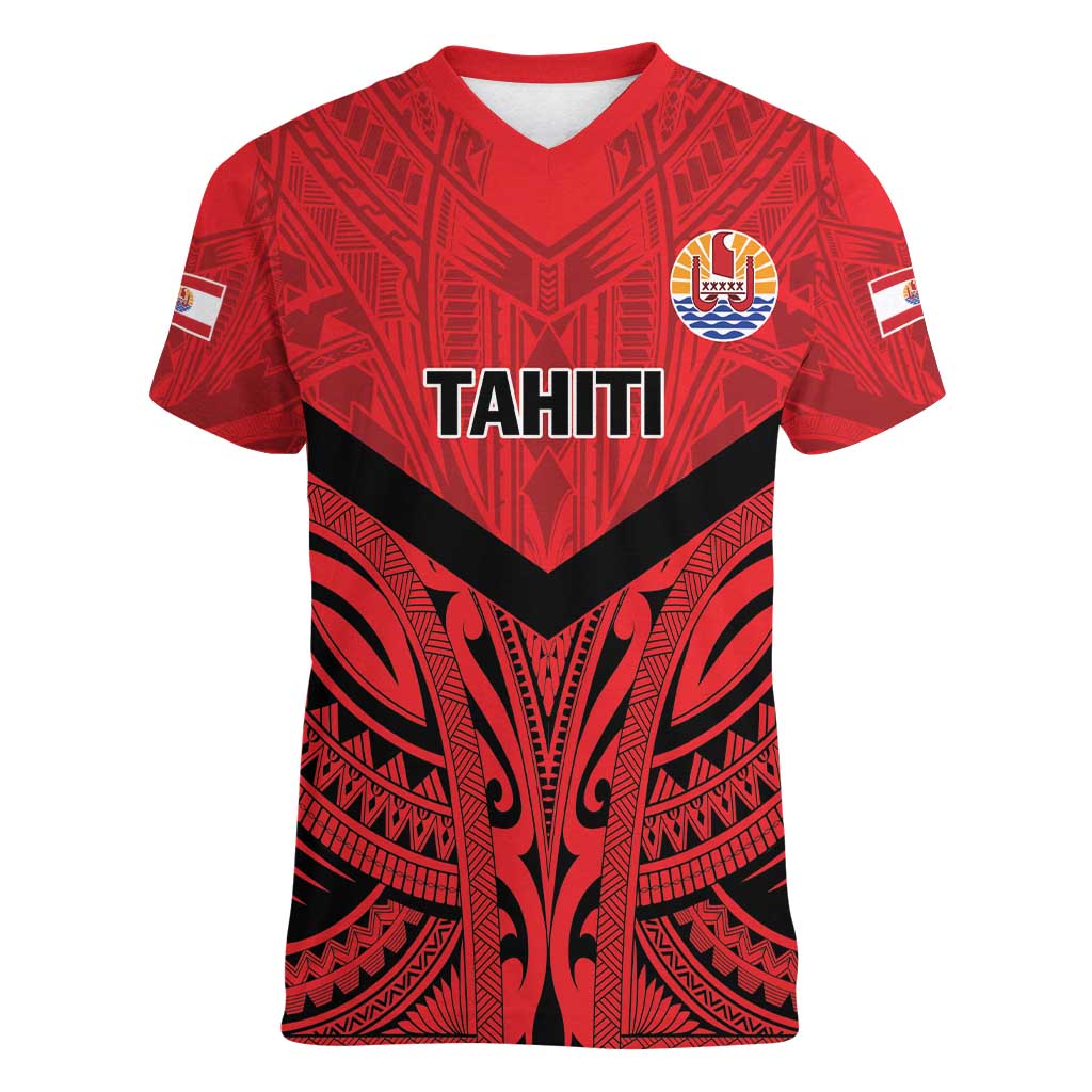 Tahiti Football Custom Women V-Neck T-Shirt Toa Aito Go Champions LT9 Female Red - Polynesian Pride