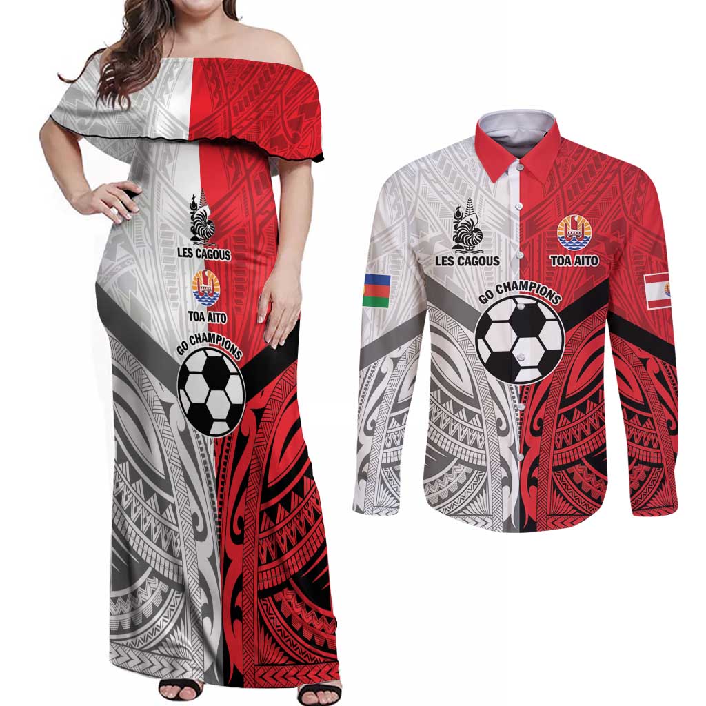 New Caledonia-Tahiti Football Custom Couples Matching Off Shoulder Maxi Dress and Long Sleeve Button Shirt Together Go Champions LT9 Art - Polynesian Pride