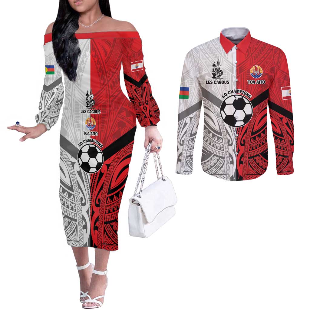 New Caledonia-Tahiti Football Custom Couples Matching Off The Shoulder Long Sleeve Dress and Long Sleeve Button Shirt Together Go Champions LT9 Art - Polynesian Pride