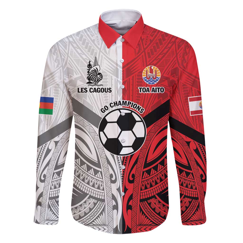 New Caledonia-Tahiti Football Custom Family Matching Off Shoulder Maxi Dress and Hawaiian Shirt Together Go Champions LT9 Dad's Shirt - Long Sleeve Art - Polynesian Pride