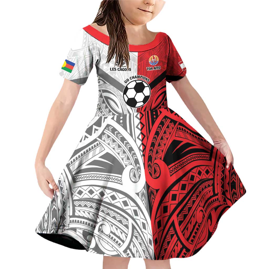 New Caledonia-Tahiti Football Custom Family Matching Off Shoulder Short Dress and Hawaiian Shirt Together Go Champions LT9 Daughter's Dress Art - Polynesian Pride