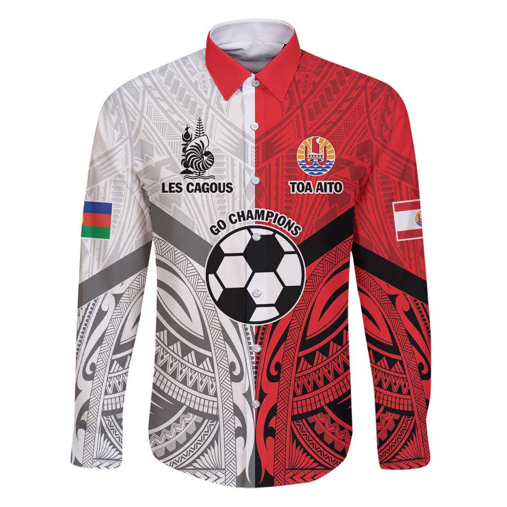 New Caledonia-Tahiti Football Custom Family Matching Puletasi and Hawaiian Shirt Together Go Champions LT9 Dad's Shirt - Long Sleeve Art - Polynesian Pride
