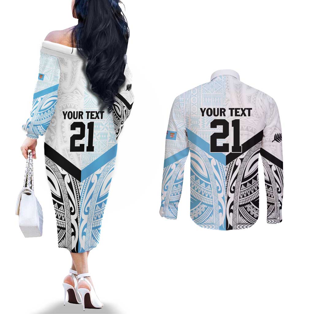 New Zealand-Fiji Football Custom Couples Matching Off The Shoulder Long Sleeve Dress and Long Sleeve Button Shirt Together Go Champions LT9 - Polynesian Pride