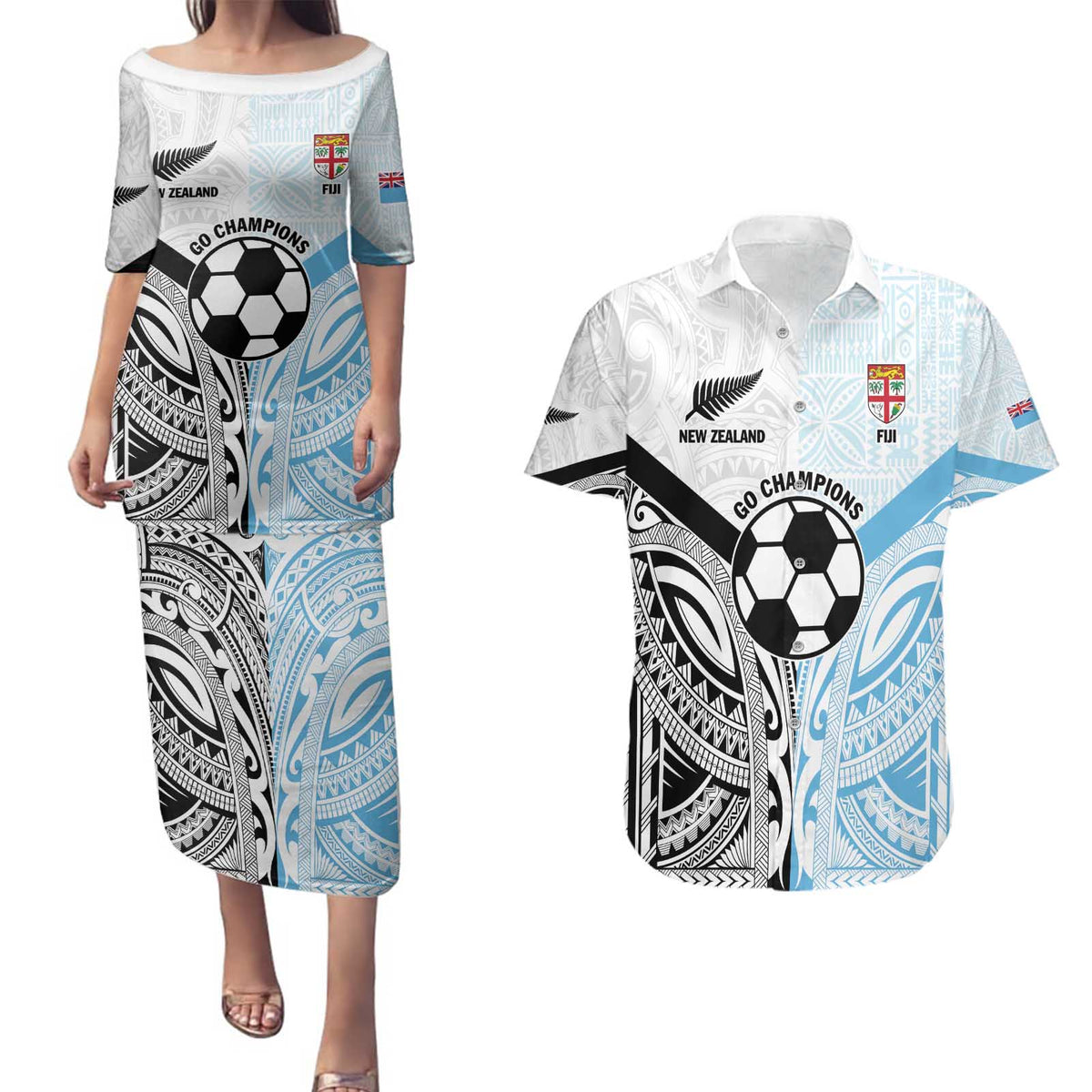 New Zealand-Fiji Football Custom Couples Matching Puletasi and Hawaiian Shirt Together Go Champions LT9 Art - Polynesian Pride