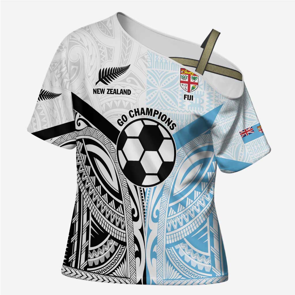 New Zealand-Fiji Football Custom Cross Shoulder Shirt Together Go Champions - Polynesian Pride