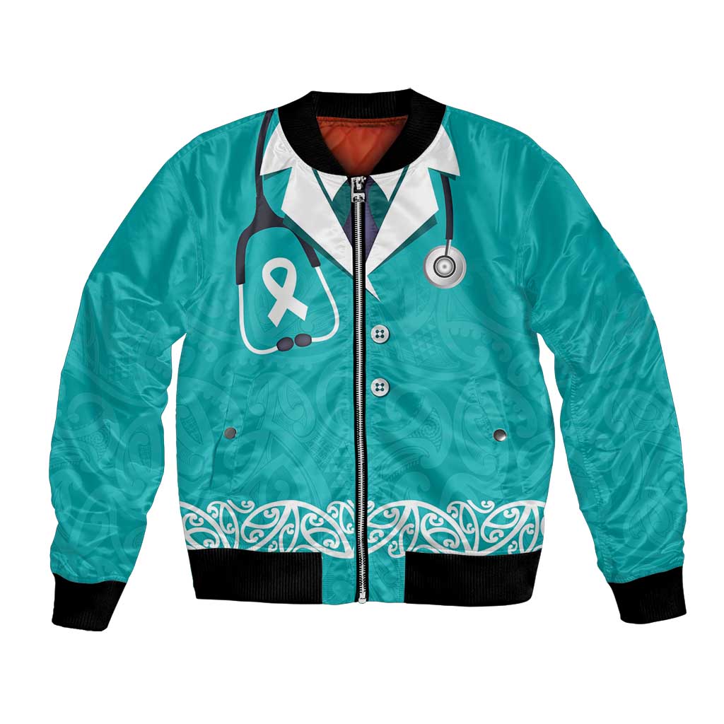 New Zealand Nurses Week Bomber Jacket Maori Kowhaiwhai Cyan Tribal