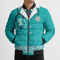 New Zealand Nurses Week Bomber Puffer Jacket Maori Kowhaiwhai Cyan Tribal