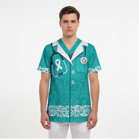 New Zealand Nurses Week Scrub Top Maori Kowhaiwhai Cyan Tribal