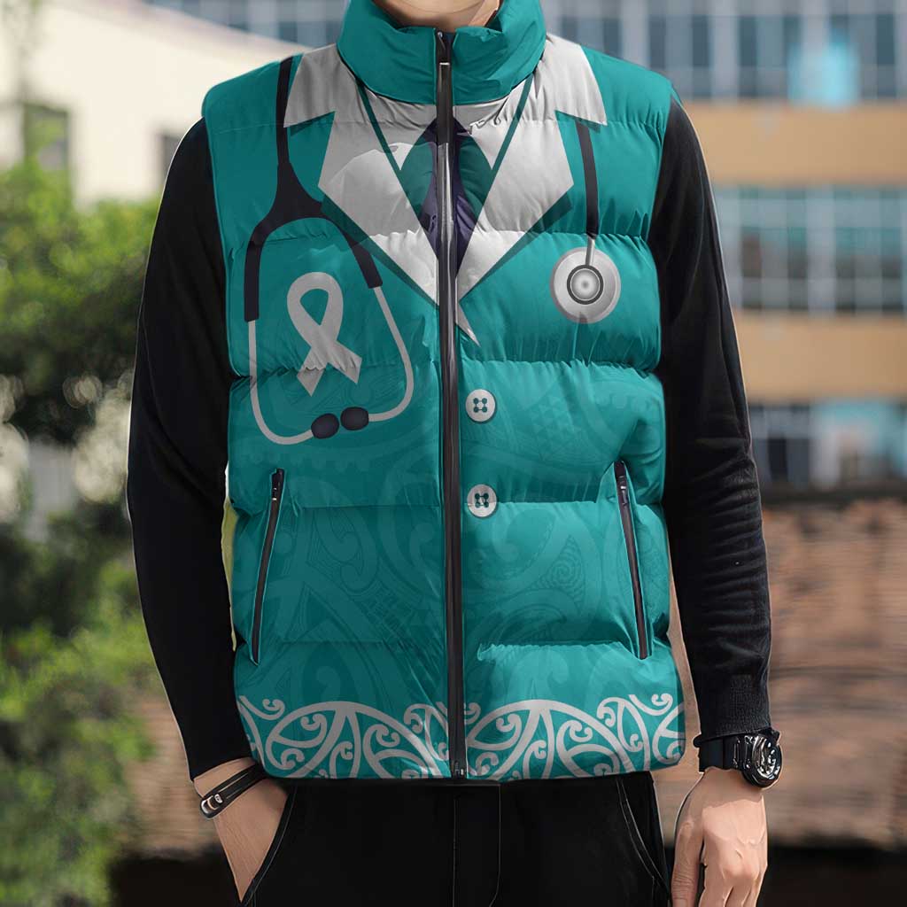 New Zealand Nurses Week Sleeveless Puffer Jacket Maori Kowhaiwhai Cyan Tribal