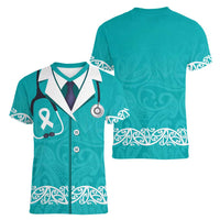 New Zealand Nurses Week Women V-Neck T-Shirt Maori Kowhaiwhai Cyan Tribal LT9 - Polynesian Pride