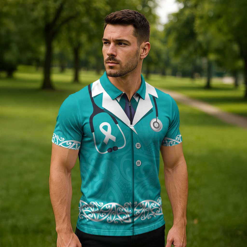 New Zealand Nurses Week Zipper Polo Shirt Maori Kowhaiwhai Cyan Tribal LT9 - Polynesian Pride