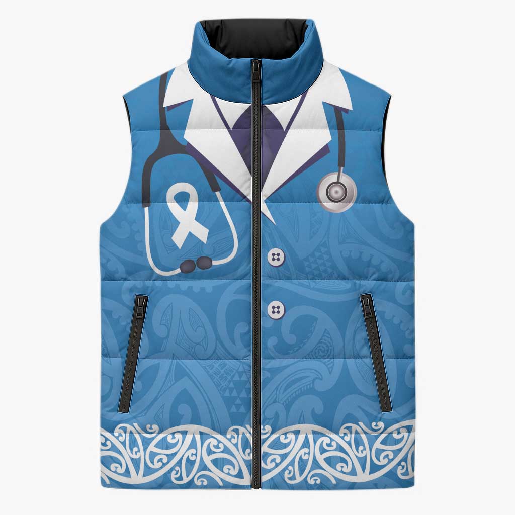 New Zealand Nurses Week Sleeveless Puffer Jacket Maori Kowhaiwhai Blue Tribal