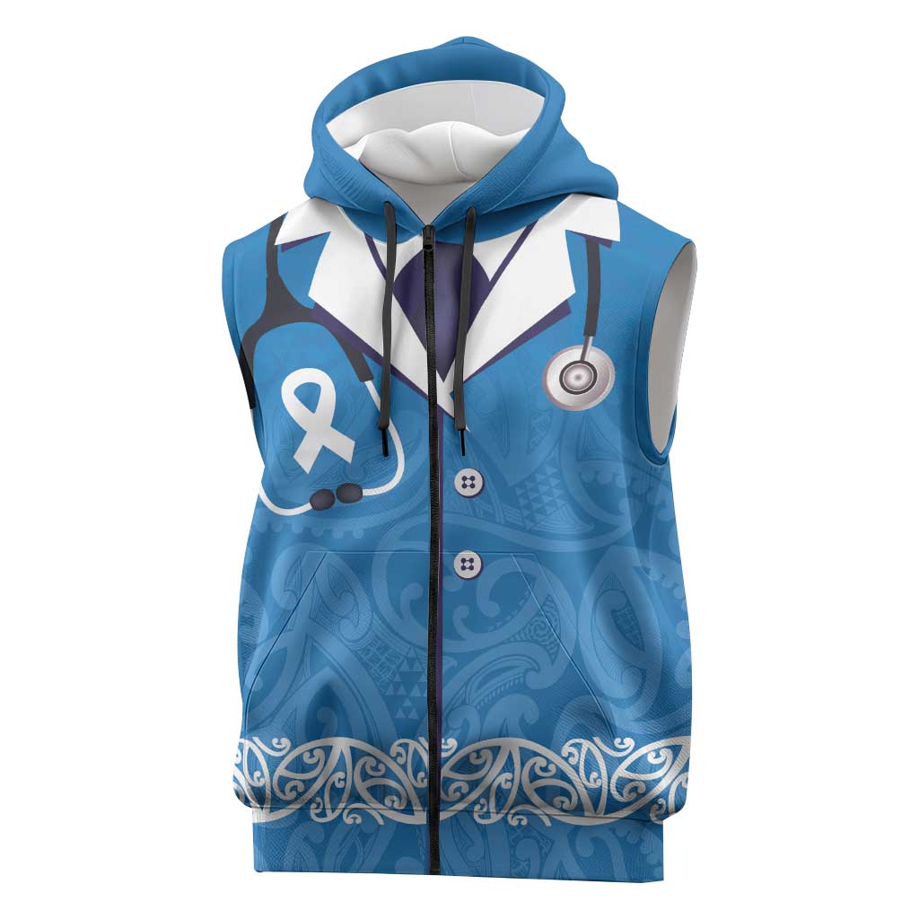 New Zealand Nurses Week Sleeveless Zip Hoodie Maori Kowhaiwhai Blue Tribal