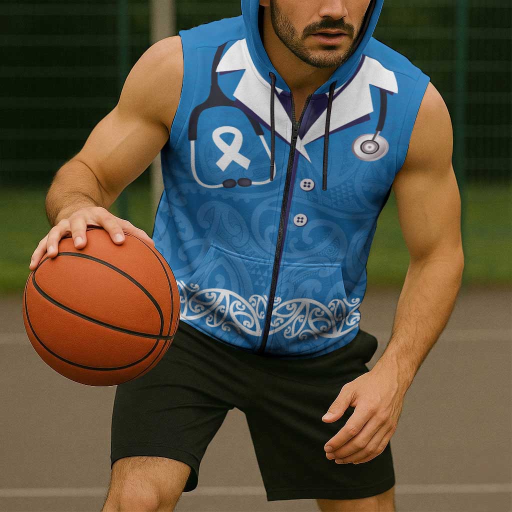 New Zealand Nurses Week Sleeveless Zip Hoodie Maori Kowhaiwhai Blue Tribal