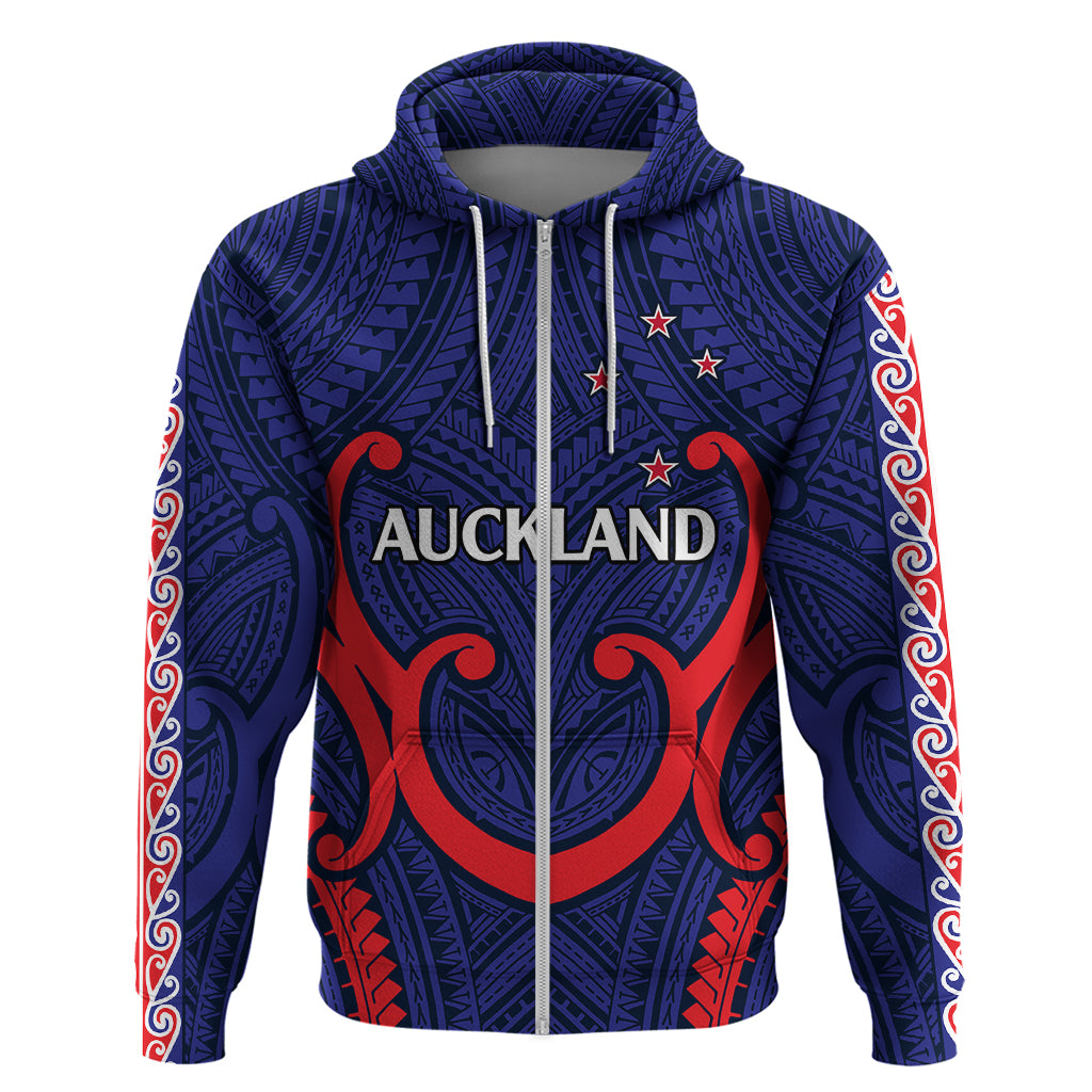 (Custom Text and Number) New Zealand Auckland Cricket Hoodie Polynesian with Maori Koru LT9 Zip Hoodie Blue - Polynesian Pride