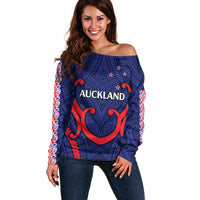 (Custom Text And Number) New Zealand Auckland Cricket Off Shoulder Sweater Polynesian with Maori Koru LT9 Women Blue - Polynesian Pride