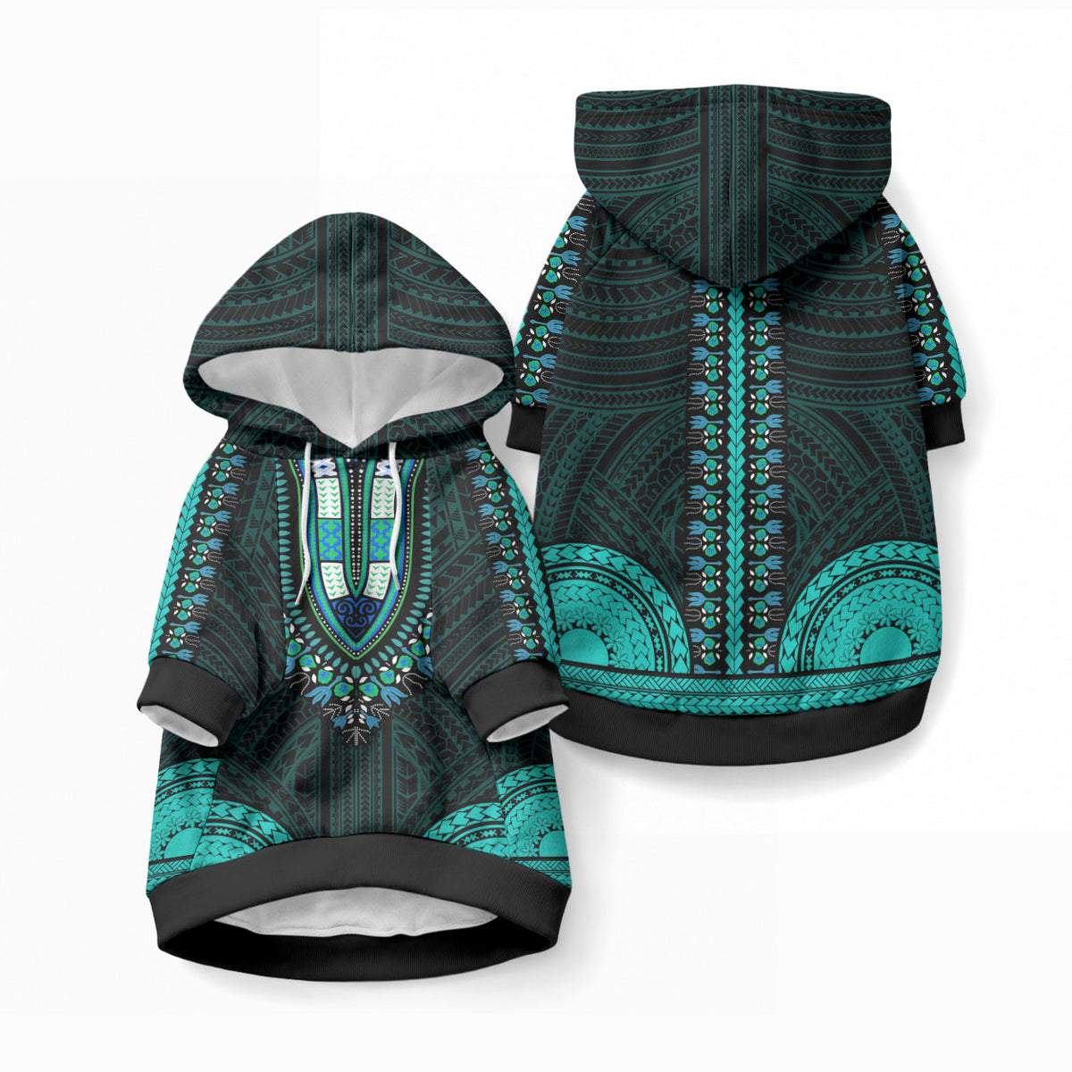African Dashiki With Polynesian Pattern Teal Pet Hoodie LT9 Pullover Teal - Polynesian Pride
