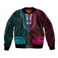 African Dashiki Sleeve Zip Bomber Jacket With Polynesian Pattern - Half Teal and Pink LT9 Unisex Teal and Pink - Polynesian Pride