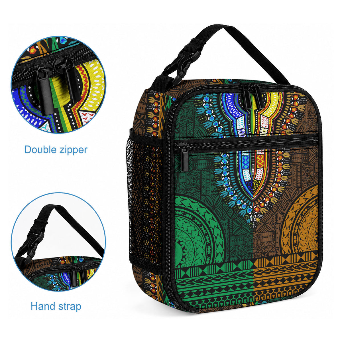 African Dashiki With Tapa Pattern - Green Gold Lunch Bag LT9 - Polynesian Pride
