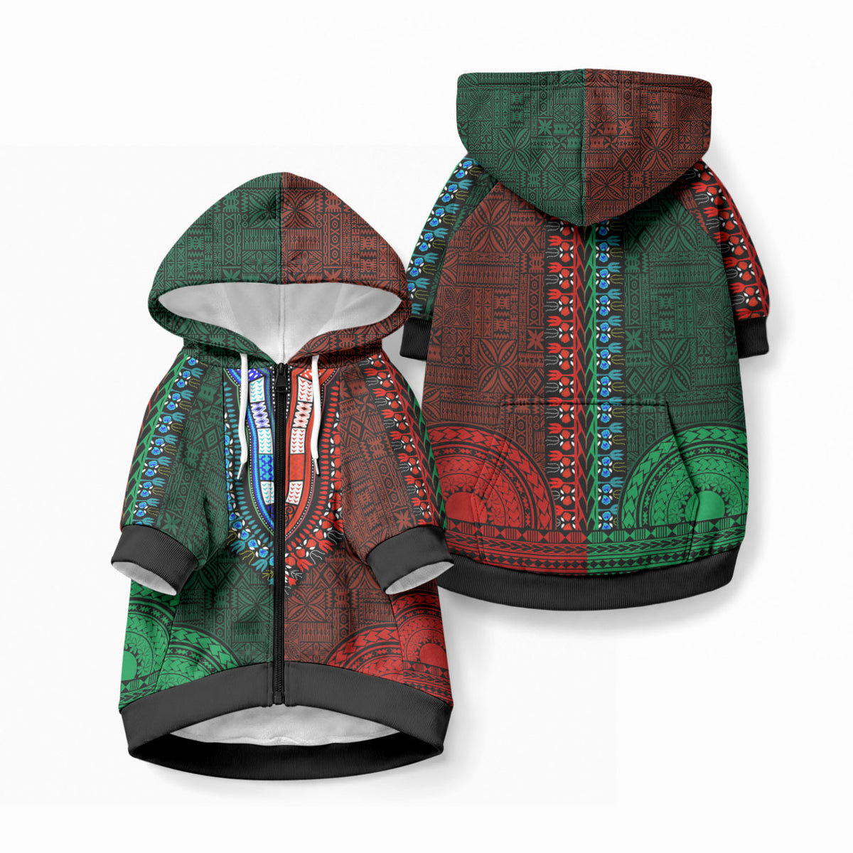 African Dashiki With Tapa Pattern - Green Red Pet Hoodie LT9 Zip-up Green and Red - Polynesian Pride