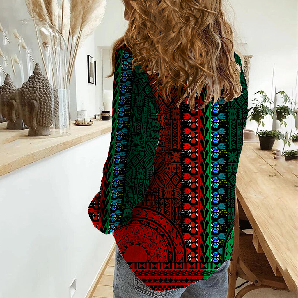 African Dashiki Women Casual Shirt With Tapa Pattern - Half Green and Red LT9 - Polynesian Pride
