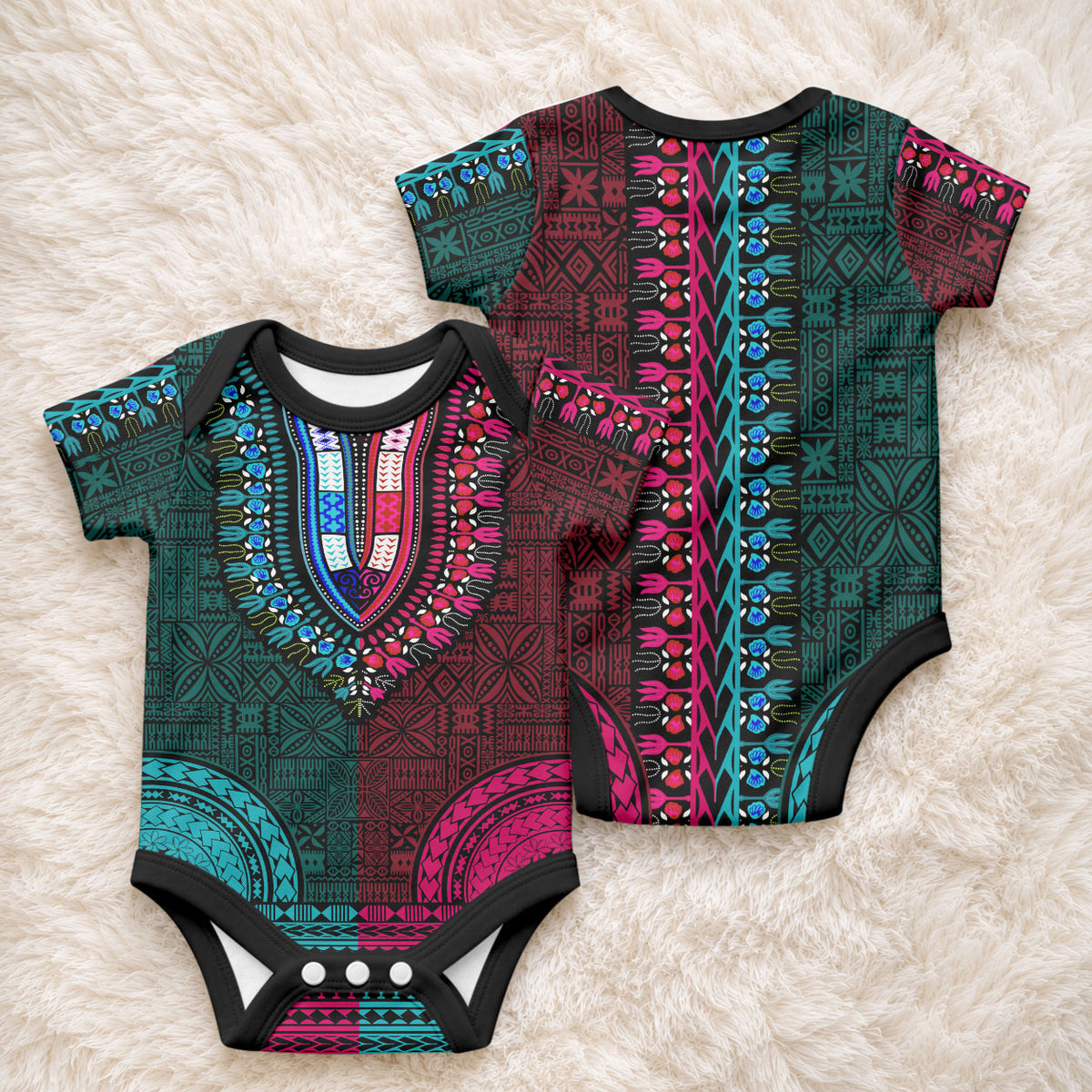 African Dashiki With Tapa Pattern - Teal Pink Baby Onesie LT9 - Polynesian Pride