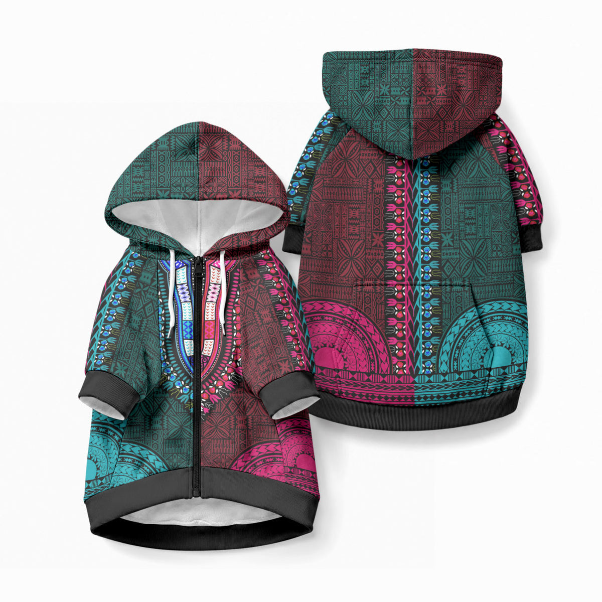 African Dashiki With Tapa Pattern - Teal Pink Pet Hoodie LT9 Zip-up Teal and Pink - Polynesian Pride