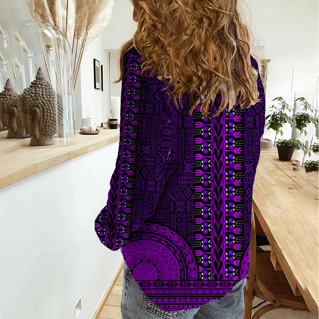 African Dashiki Women Casual Shirt With Tapa Pattern - Purple LT9 - Polynesian Pride