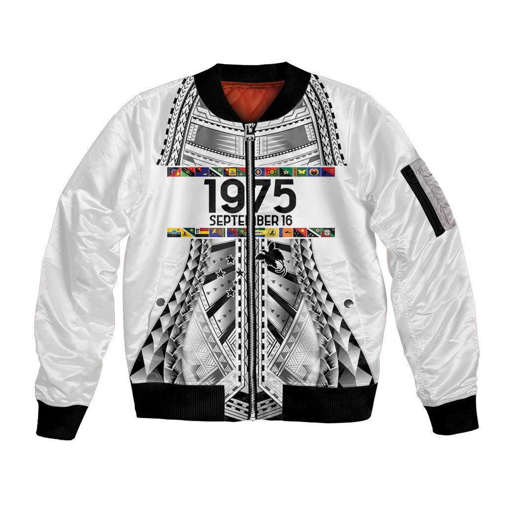 Independen Stet bilong Papua Niugini 1975 Sleeve Zip Bomber Jacket White Tribal Papua New Guinea Province Flag LT9 Unisex White - Polynesian Pride
