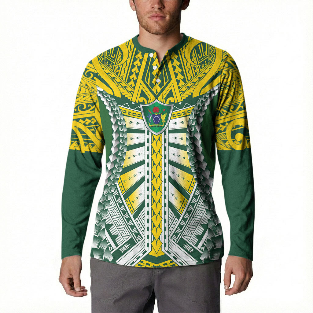 Cook Islands 1965 National Pride Button Sweatshirt Green Yellow Tribal Pattern LT9 - Polynesian Pride