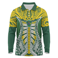 Cook Islands 1965 National Pride Long Sleeve Polo Shirt Green Yellow Tribal Pattern LT9 Green - Polynesian Pride
