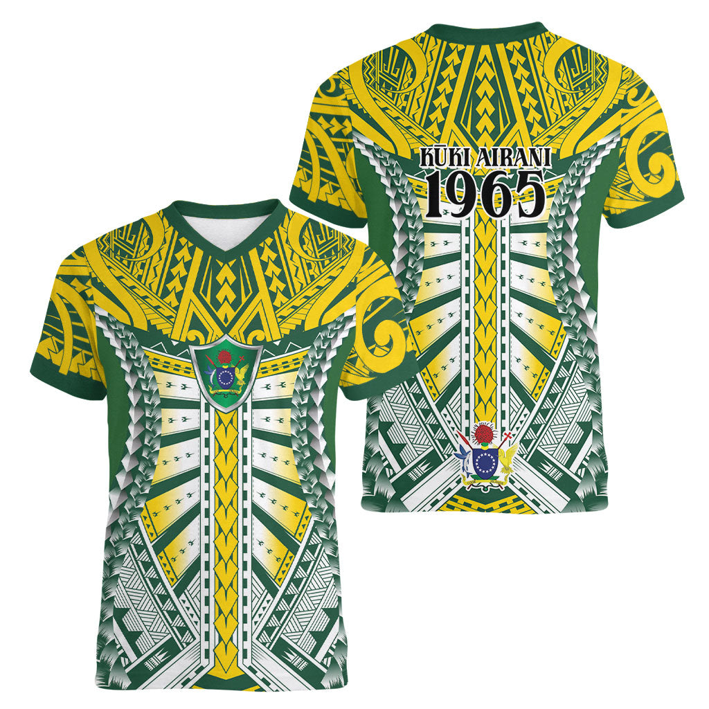 Cook Islands 1965 National Pride Women V-Neck T-Shirt Green Yellow Tribal Pattern LT9 - Polynesian Pride