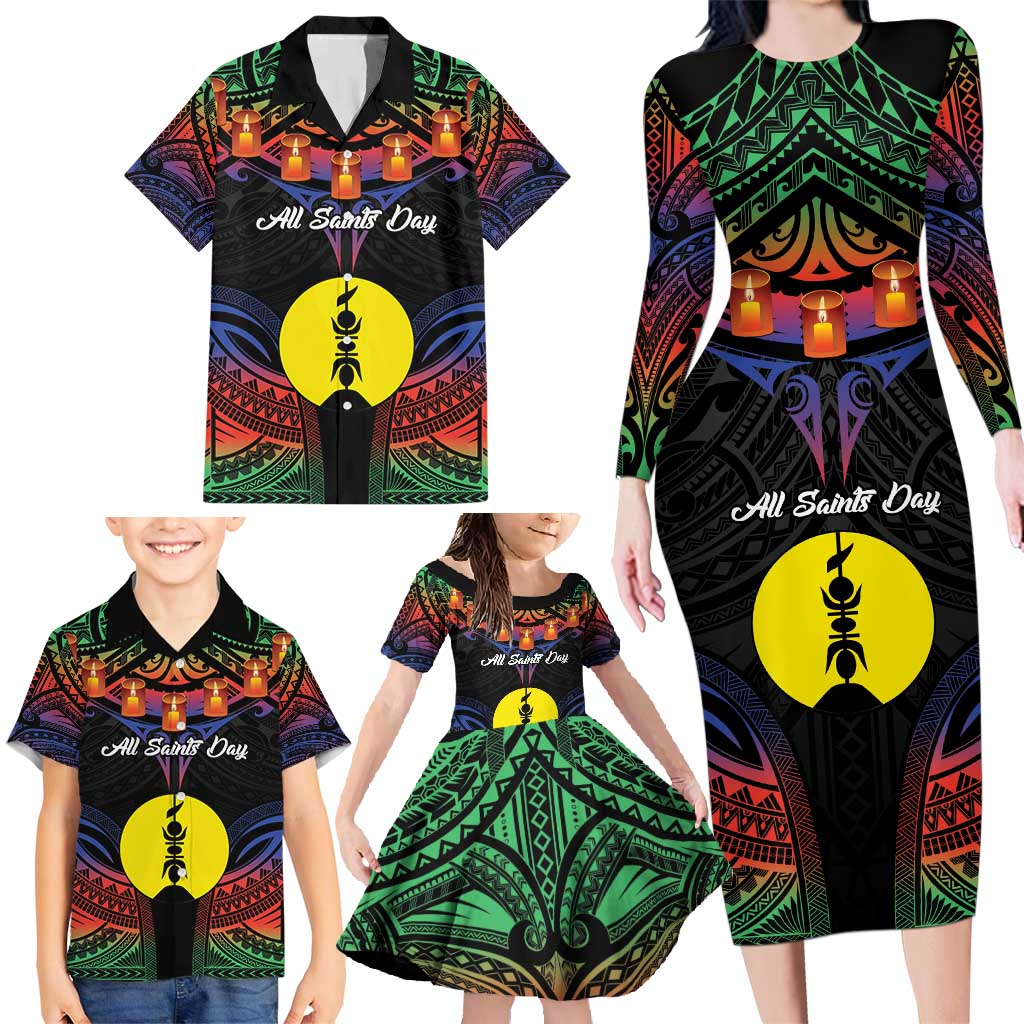 Personalised New Caledonia All Saints Day Family Matching Long Sleeve Bodycon Dress and Hawaiian Shirt Candle Light with Polynesian Style LT9 - Polynesian Pride