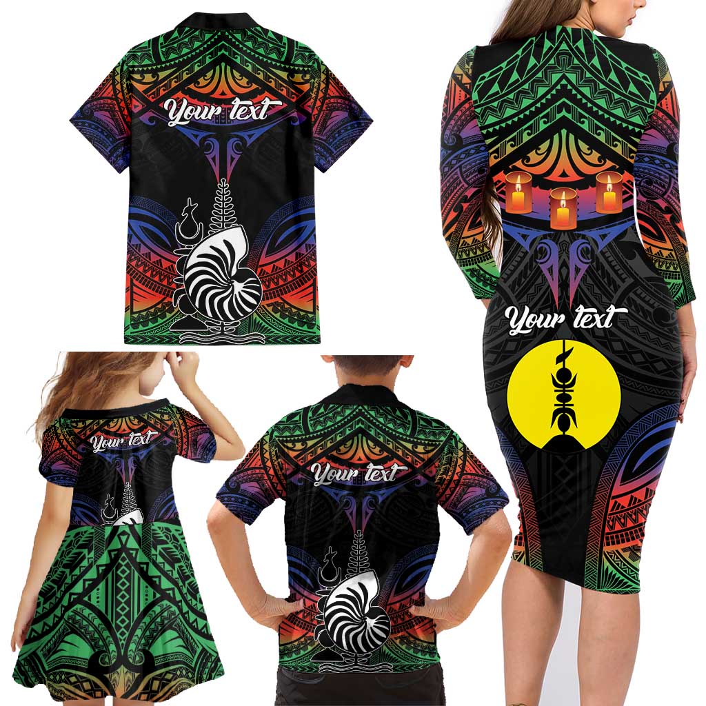 Personalised New Caledonia All Saints Day Family Matching Long Sleeve Bodycon Dress and Hawaiian Shirt Candle Light with Polynesian Style LT9 - Polynesian Pride
