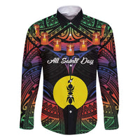Personalised New Caledonia All Saints Day Family Matching Long Sleeve Bodycon Dress and Hawaiian Shirt Candle Light with Polynesian Style LT9 Dad's Shirt - Long Sleeve Black - Polynesian Pride