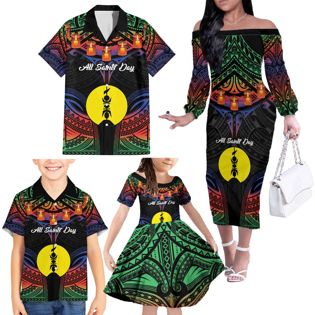 Personalised New Caledonia All Saints Day Family Matching Off The Shoulder Long Sleeve Dress and Hawaiian Shirt Candle Light with Polynesian Style LT9 - Polynesian Pride