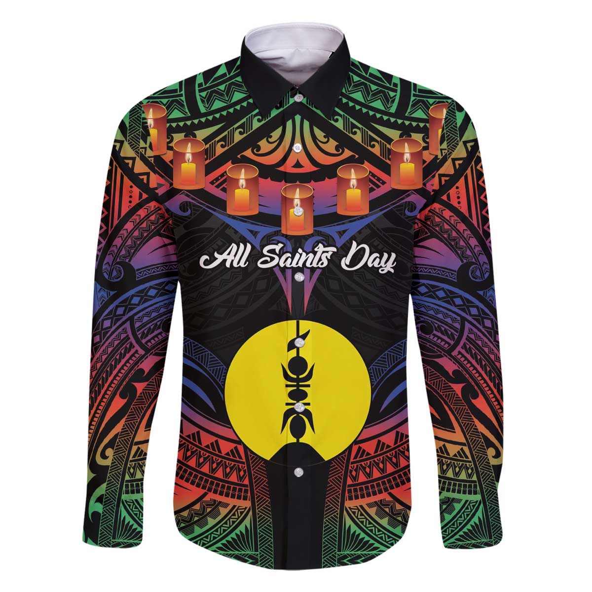 Personalised New Caledonia All Saints Day Family Matching Off The Shoulder Long Sleeve Dress and Hawaiian Shirt Candle Light with Polynesian Style LT9 Dad's Shirt - Long Sleeve Black - Polynesian Pride