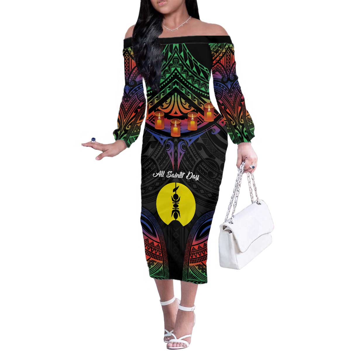 Personalised New Caledonia All Saints Day Family Matching Off The Shoulder Long Sleeve Dress and Hawaiian Shirt Candle Light with Polynesian Style LT9 Mom's Dress Black - Polynesian Pride
