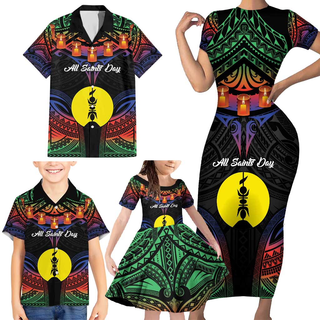 Personalised New Caledonia All Saints Day Family Matching Short Sleeve Bodycon Dress and Hawaiian Shirt Candle Light with Polynesian Style LT9 - Polynesian Pride