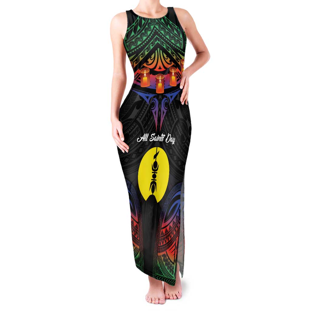 Personalised New Caledonia All Saints Day Family Matching Tank Maxi Dress and Hawaiian Shirt Candle Light with Polynesian Style LT9 Mom's Dress Black - Polynesian Pride