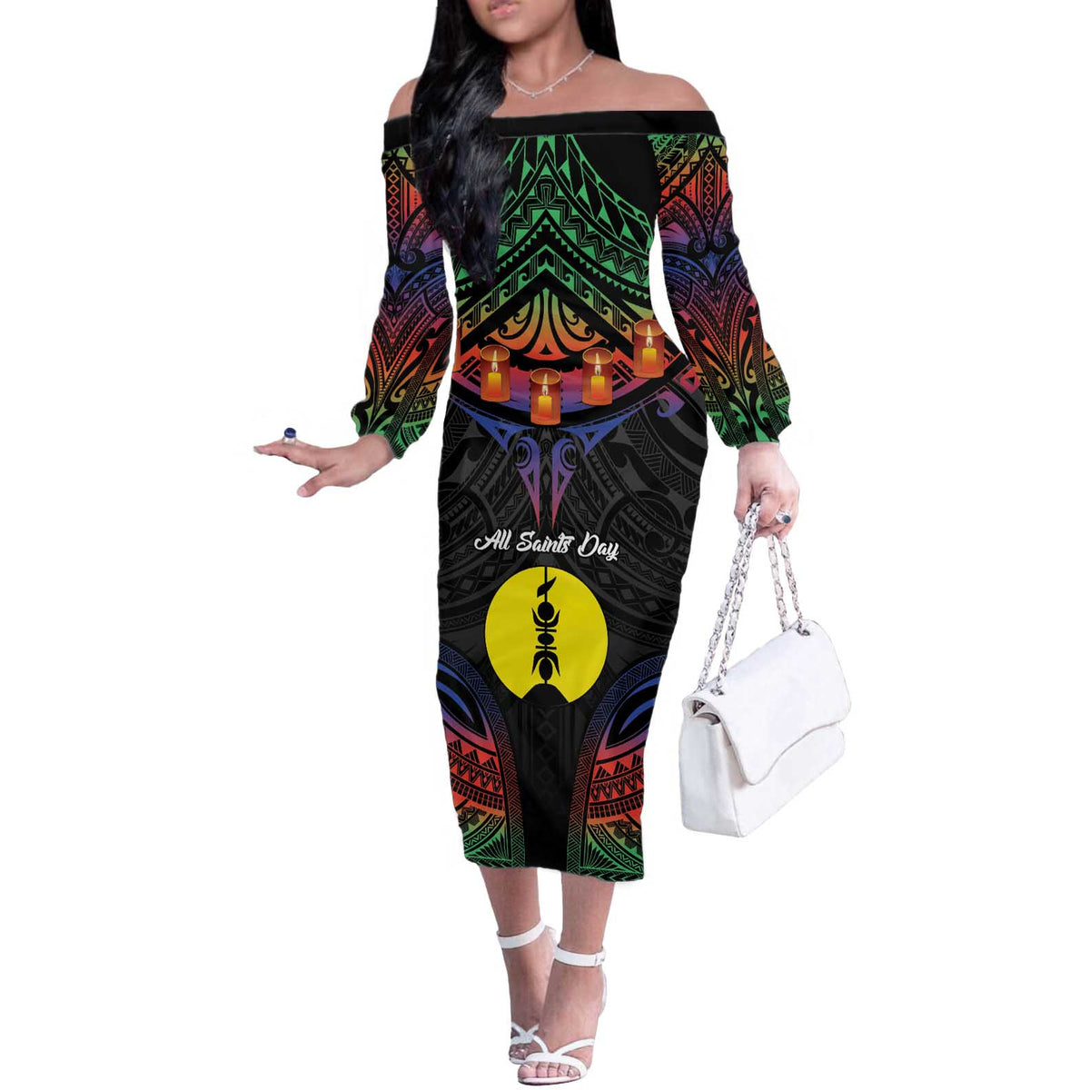 Personalised New Caledonia All Saints Day Off The Shoulder Long Sleeve Dress Candle Light with Polynesian Style LT9 Women Black - Polynesian Pride