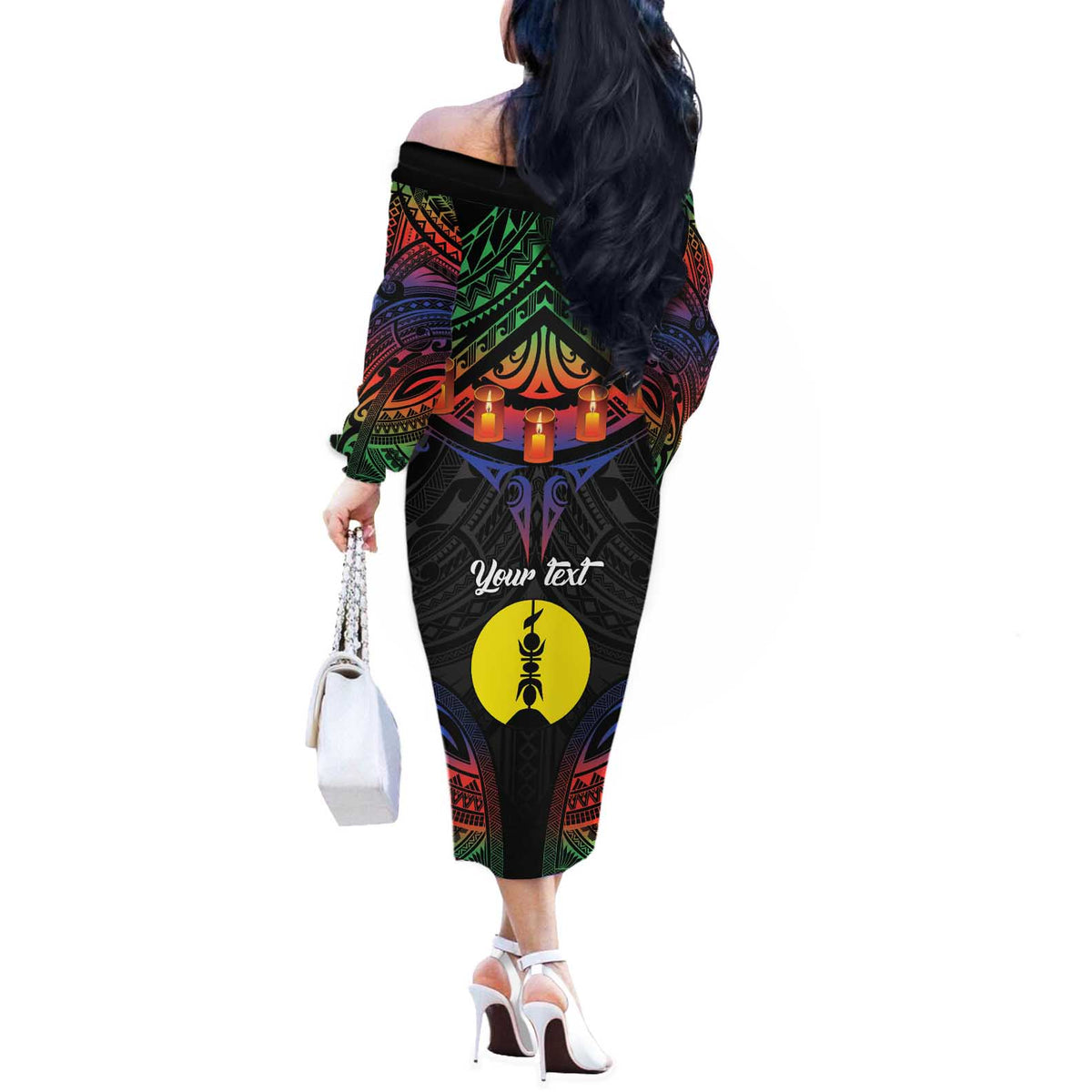 Personalised New Caledonia All Saints Day Off The Shoulder Long Sleeve Dress Candle Light with Polynesian Style LT9 - Polynesian Pride