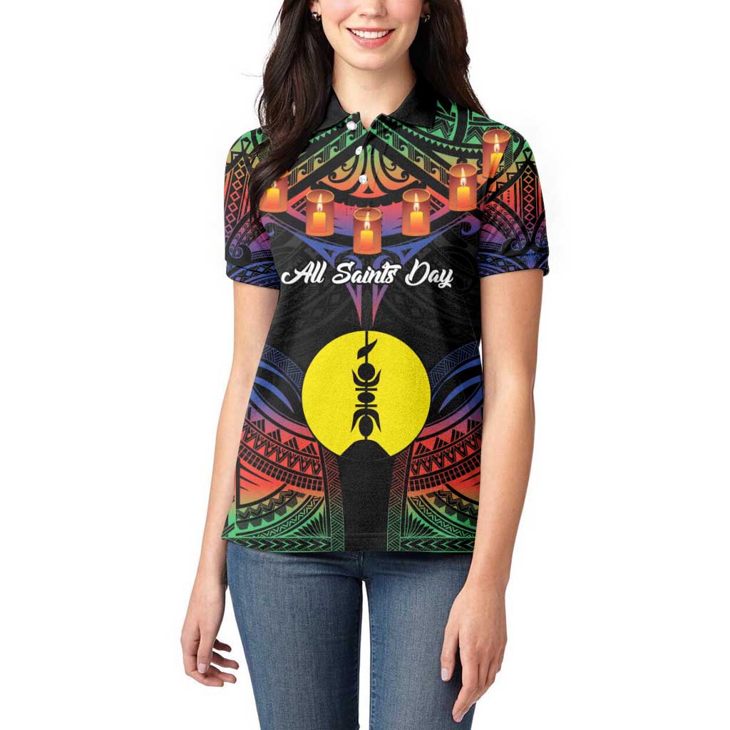 Personalised New Caledonia All Saints Day Women Polo Shirt Candle Light with Polynesian Style